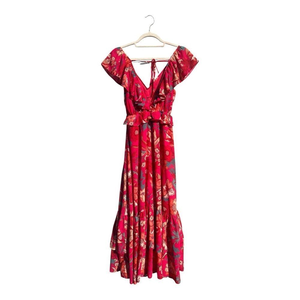 Flying Tomato Red Ruffled Tie Front Maxi Dress size XS boho coastal floral